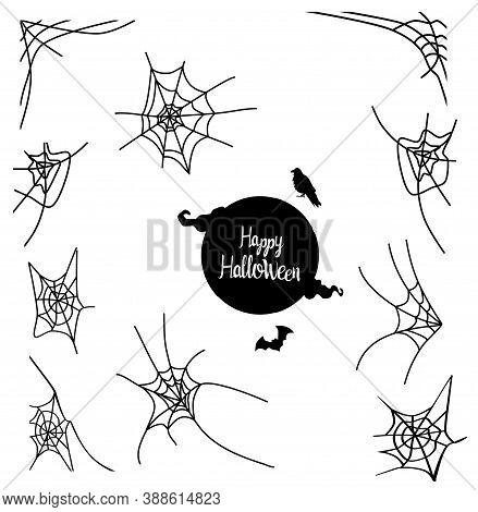 Halloween Lettering Vector Set With Different Spider Webs And Full Moon.tradition Symbols And Bats.d