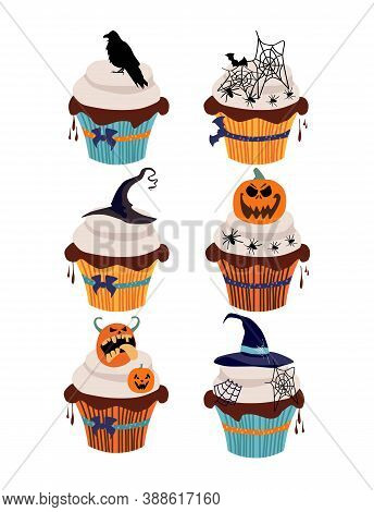 Halloween Cupcakes With Traditional Symbols.marzipan Jack-o'-lantern,chocolate Raven,cobwebs And Spi