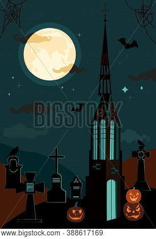 Halloween Gothic Catholic Church And Clock Tower.bats In The Twilight Sky,full Moon And Terrible Pum