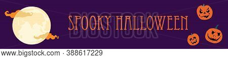 Halloween Spooky Night Horizontal Banner With Various Pumpkins With Weird Facial Expressions. Jack O