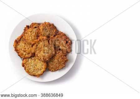 Traditional Jewish Latkes Or Potato Pancakes Isolated On White Background.top View. Copy Space