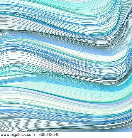 Blue, Cyan, Green, Black Squiggle Curves. Multicolored Background With Striped Pattern. Vector Line 