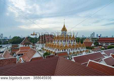 Loha Prasat Wat Ratchanatda And Golden Mountain Pagoda, A Buddhist Temple Or Wat Saket With Skyscrap