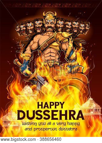 Illustration Of Ravana With Ten Heads For Navratri Festival Of India Poster For Dussehra