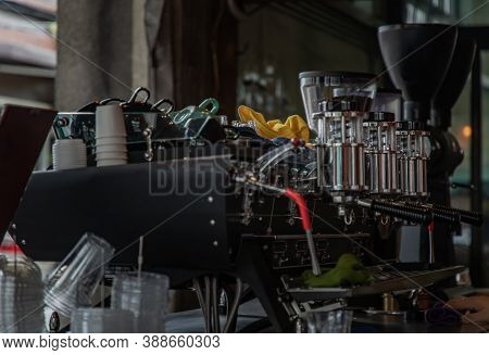 Coffee Machine In Cafe Shop. Vintage Color Tone. Coffee Lover, No Focus, Specifically.