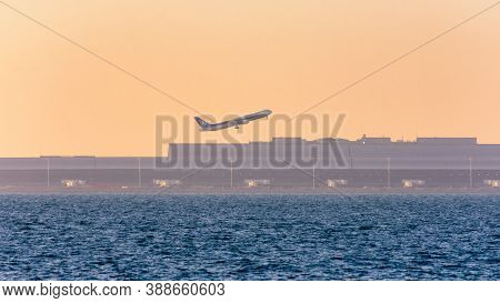 Osaka / Japan - October 26, 2017: All Nippon Airways (ana) Plane Taking Off The Runway Of Kansai Int