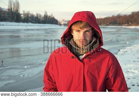 It Is So Cold. Love Winter Nature. Man In Red Parka. Winter Male Fashion. Warm Clothes For Frost. Ch