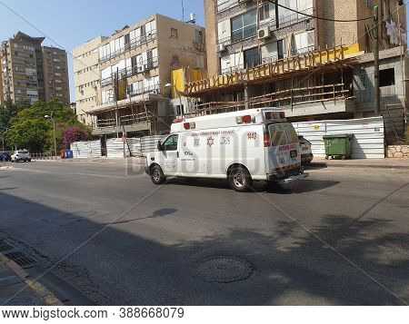 Holon, Israel. September 18, 2020. White Magen David Adom Ambulance Minivan On Histadrut Street In C