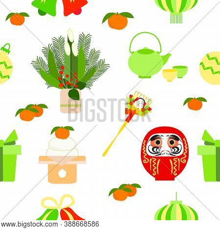 Vector Seamless Pattern Symbols Of Japanese New Year 2021. Daruma, Asian Lantern, Kettle Cup, Food, 