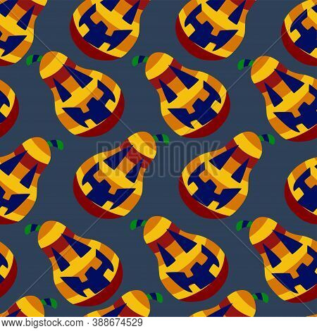 Funny Carved Pumpkins Seamless Pattern Stock Vector Illustration. Orange, Yellow, Red Striped Pumpki