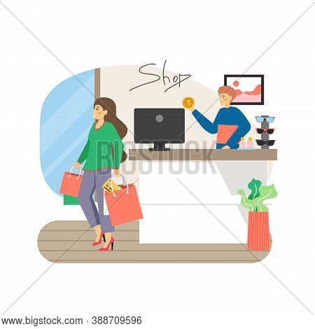 Women Store. Cashier Counter. Happy Girl With Bunch Of Shopping Bags Leaving Fashion Shop, Flat Vect