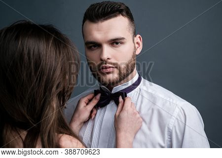 Closeup Face Portrait Of Sensual Couple. Sencual Couple In Love. Woman Seducing Her Lover. Close-up 