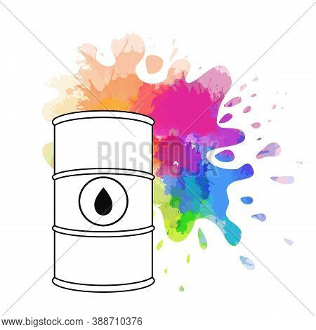 Spilled Rainbow Oil. Vector Outline Illustration Of Oil Barrel, Oil Splash And Drops Around. Waterco
