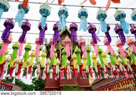 Colorful Paper Lanterns Lanna Style Hanging For Worship Or Respect Of Buddha At Wat Phra That Hariph