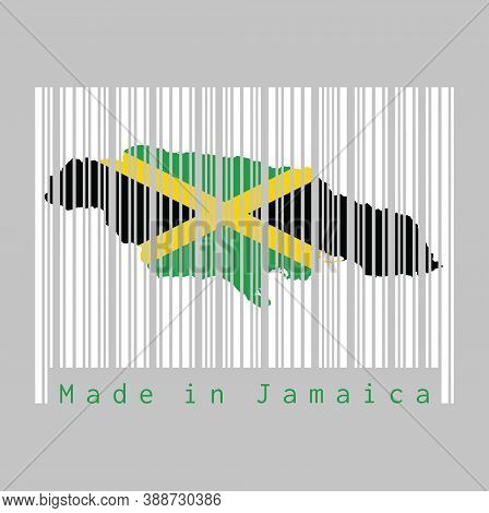 Barcode Set The Shape To Jamaica Map Outline And The Color Of Jamaica Flag On White Barcode With Gre