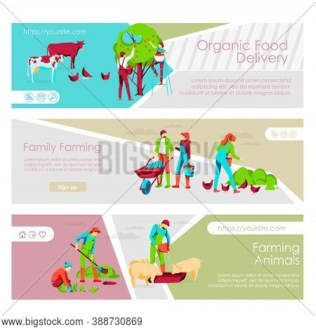 Organic Food Delivery Landing Page Templates Set. Couple Working Together. Family Farming, Livestock