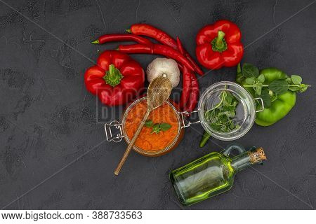 Traditional Autumn Balkan Vegan Spread Ajvar Or Aivar With Ingredients. Homemade Relish. Top View, C