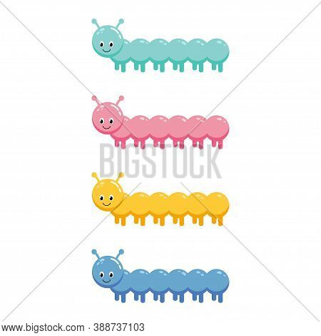 Caterpillar Set. Insect Icon. Cute Crawling Bug. Cartoon Funny Kawaii Baby Animal Character Smiling 