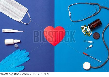 Composition Of Stethoscope, Medical Mask, Gloves, Desinfection Gel, Pills, Thermometer Syringe, Ampu