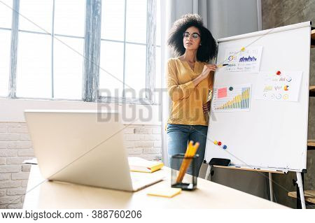 Smart African American Woman Conducts Online Webinar, A Female Coach Is Explains Something On The Fl