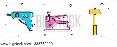 Set Electric Hot Glue Gun, Construction Stapler And Hammer Icon. Vector