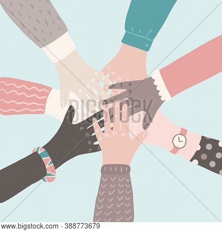 People Putting Their Hands Together. Teamwork Support Partnership Vector Concept. Social Movement Fl