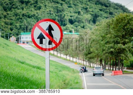 Do Not Overtake Traffic Sign. Road Signs Forbidden To Overtake The Mountain. Mountain Road.