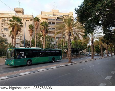 Holon, Israel. September 30, 2020. Green Egged Intercity Passenger Bus At Yehoshua Rabinovich Street