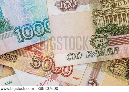 Different Denominations Of Russian Ruble Bills. Russian Rubles