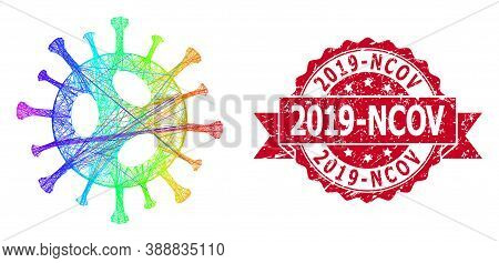 Rainbow Vibrant Network 2019-ncov Virus, And 2019-ncov Corroded Ribbon Stamp. Red Stamp Contains 201