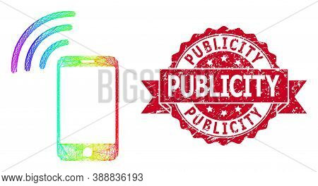 Rainbow Colored Network Cellphone Signal, And Publicity Textured Ribbon Stamp Seal. Red Stamp Seal C