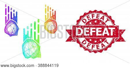 Bright Colored Wire Frame Falling Rocks, And Defeat Scratched Ribbon Stamp Seal. Red Seal Has Defeat