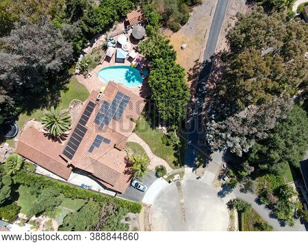 Aerial Top View Of Encinitas Town With Large Rich Villa And Swimming Pool, South California, Usa. Oc