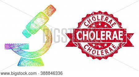 Bright Colorful Net Microscope, And Cholerae Grunge Ribbon Seal Imitation. Red Seal Contains Cholera