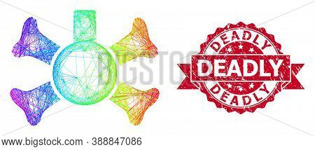Rainbow Colored Wire Frame Poison Flask, And Deadly Grunge Ribbon Stamp. Red Stamp Seal Includes Dea
