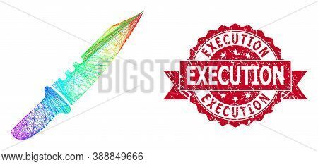 Spectrum Colored Wire Frame Knife, And Execution Grunge Ribbon Stamp. Red Stamp Seal Has Execution T