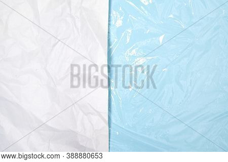 Clear Plastic Texture With Blue Color Vs Paper Texture. Nylon Polythene Wrap. Plastic Free Lifestyle