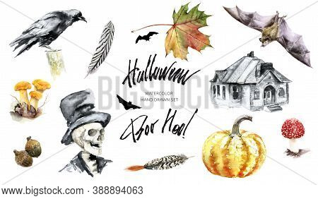 Happy Halloween Watercolor Illustration Set Isolated On White Background