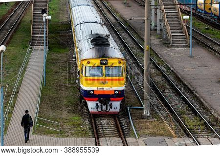 Riga, Latvia - October 8, 2020: A Suburban Passenger Diesel Train Arrives At The Zemitani Station In