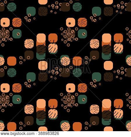 Abstract Brown Seamless Pattern With Yellow, Lemon,green And Black, Dark Brown Colors, Lines