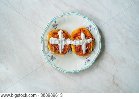 Turkish Traditional Food Borek Manti With Minced Meat, Tomato Paste And Yogurt / Yoghurt Burek Dumpl