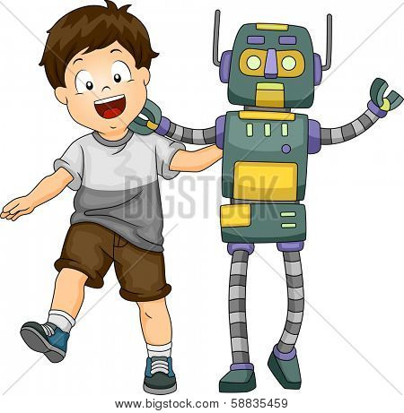 Illustration of a Little Kid Hanging Around with a Lifesize Robot