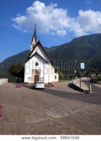Small Catholic Church In The Resort Town Of Dimaro In The Brenta Dolomites