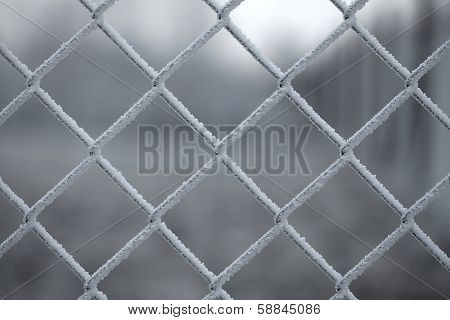 Icy wire mesh fence in winter
