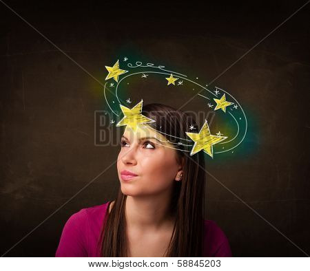 Young girl with yellow stars circleing around her head illustration