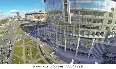 MOSCOW, RUSSIA - OCT 30, 2013: (view from unmanned quadrocopter) Business Center Diamond Hall and Olympiysky Sports Complex. Business Center Diamond Hall built in 2010.