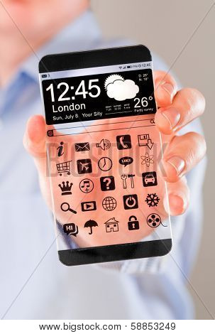 Smartphone (phablet) with a transparent display in human hands. Concept actual future innovative ideas and best technologies humanity.
