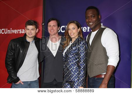 LOS ANGELES - JAN 19:  Kevin BIgley, Bob Fisher, Jessica McNamee, Kevin Daniels at the NBC TCA Winter 2014 Press Tour at Langham Huntington Hotel on January 19, 2014 in Pasadena, CA