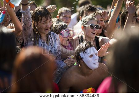  SAMARA,RUSSIA-JULY 22: young people shooting and throwing water at each other during Water Wars flashmob,July 22, 2012 Samara, Russia
