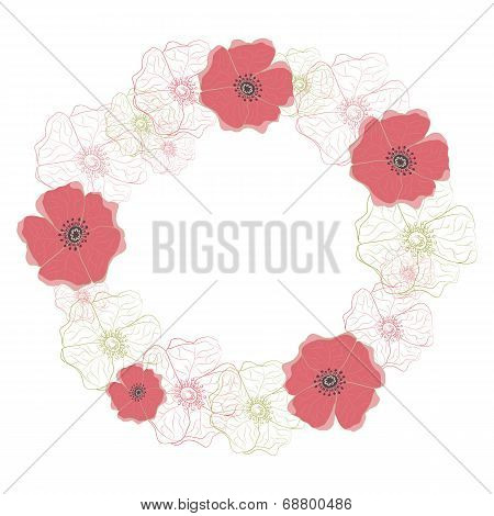 Frame of flowers made in vector. Wreath of poppies isolated on white background.